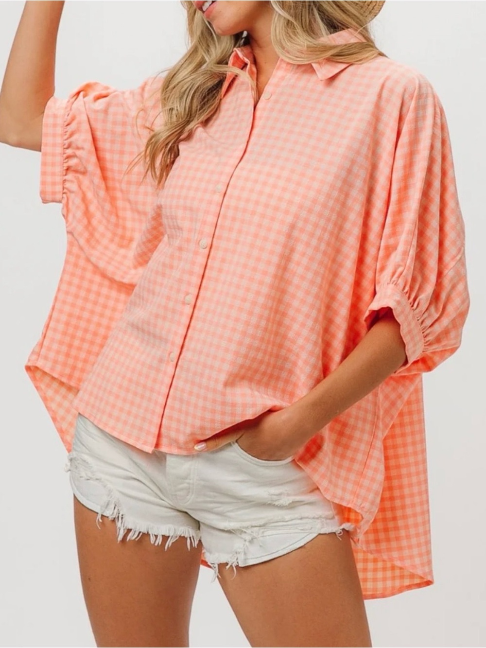 BiBi Blush Coral Gingham Dolman High Low Oversized Button-Down Shirt Size Large